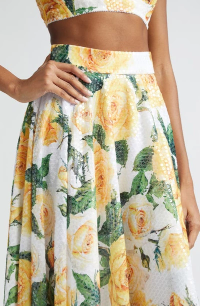 Dolce & Gabbana Sequined Midi Circle Skirt With Yellow Rose Print In White Floral