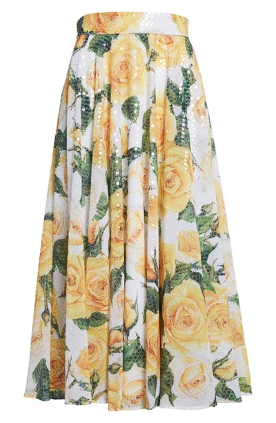 Dolce & Gabbana Sequined Midi Circle Skirt With Yellow Rose Print In White Floral