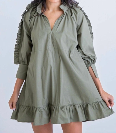 Shop Karlie Solid Poplin Ruffle Sleeve Vneck Dress In Olive In Green