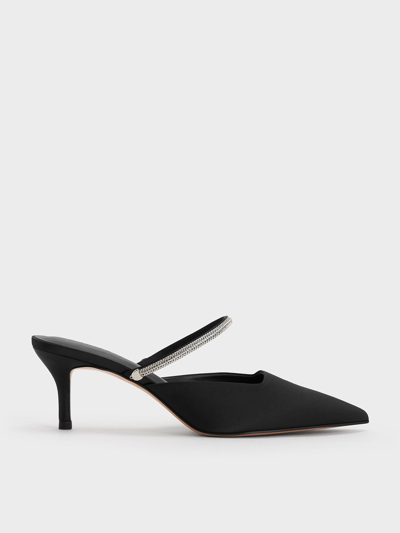 Shop Charles & Keith Satin Braided-strap Pointed-toe Mules In Black Textured
