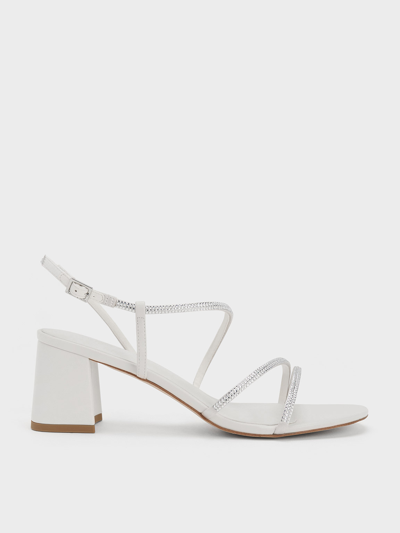 Shop Charles & Keith - Satin Crystal-embellished Strappy Sandals In White