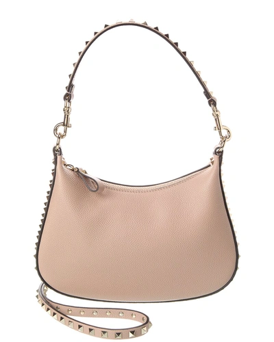 Shop Valentino Rockstud Small Grainy Leather Hobo Bag In Pink