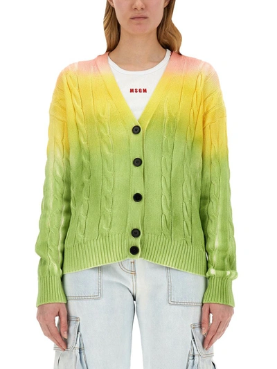 Msgm Cable Knit Gradient Cardigan In Green