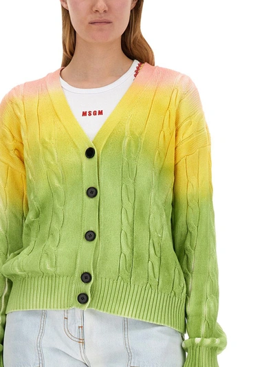 Msgm Cable Knit Gradient Cardigan In Green