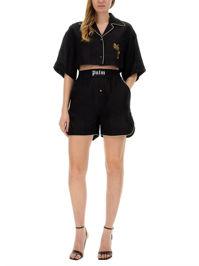 Shop Palm Angels Cropped Bowling Shirt In Black