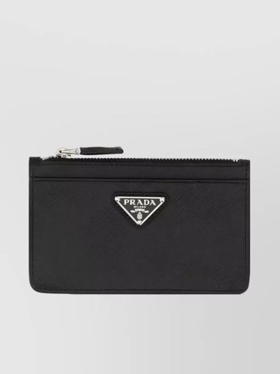 Shop Prada Saffiano Leather Card Holder With Top Zip And Slots In Black