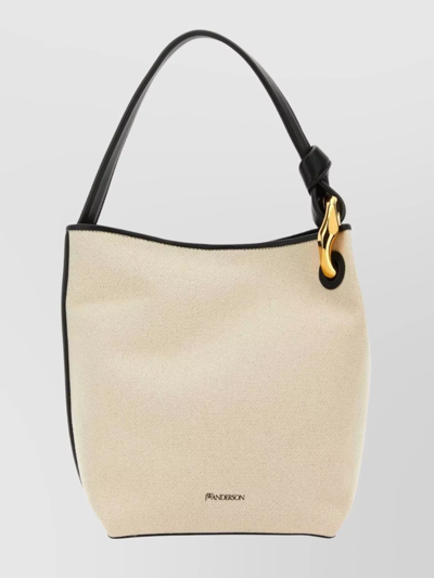 Shop Jw Anderson Textured Canvas Shoulder Bag With Contrasting Trim In Cream