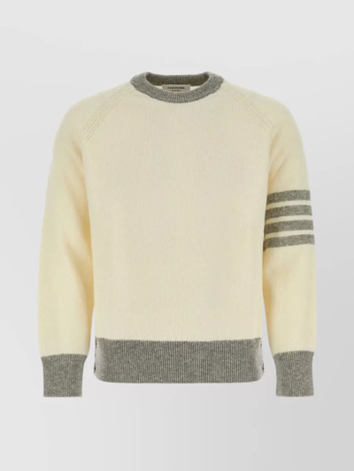 Shop Thom Browne Ribbed Wool Knit With Striped Sleeve Detail In Cream
