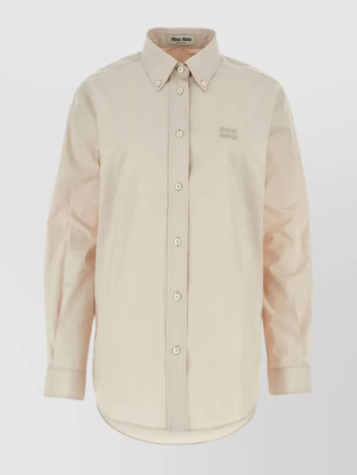 Shop Miu Miu Collared Shirt With Extended Back And Curved Hem In Beige