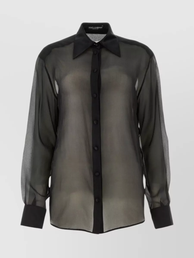 Shop Dolce & Gabbana Sheer Silk Shirt With Buttoned Angle-cut Cuffs In Grey