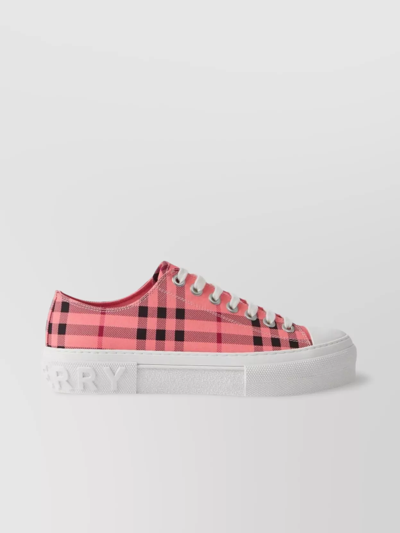 Shop Burberry Round Toe Check Sneakers In White