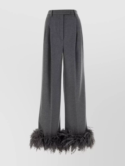 Shop Prada Feather-trimmed Wide-leg Cashmere Pants In Grey