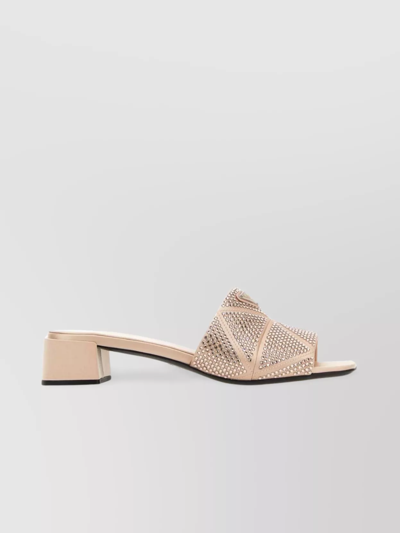 Shop Prada Satin Block Heel Sandals With Embellished Detail In Beige