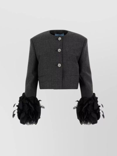 Shop Prada Feather Embellishments Structured Cropped Blazer In Black