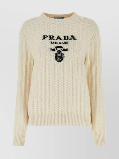 Shop Prada Cashmere Ribbed Crew-neck Sweater In Beige