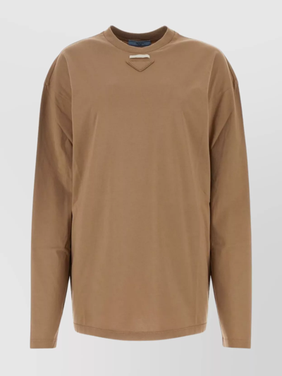 Shop Prada Distressed Oversize Cotton T-shirt With Ribbed Crew-neck In Beige