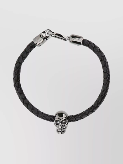 Shop Alexander Mcqueen Braided Leather Bracelet With Skull Motif
