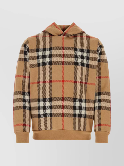 Shop Burberry Checkered Pattern Cotton Sweatshirt With Hood And Ribbed Finish