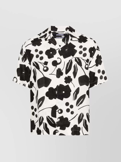 Shop Jacquemus Floral Print Camp Collar Linen Shirt