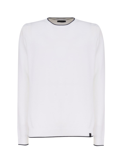 Shop Fay Cotton Sweater With Round Neck In (bianco)+(blu Royale)
