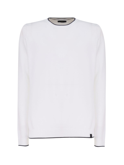Shop Fay Cotton Sweater With Round Neck In (bianco)+(blu Royale)
