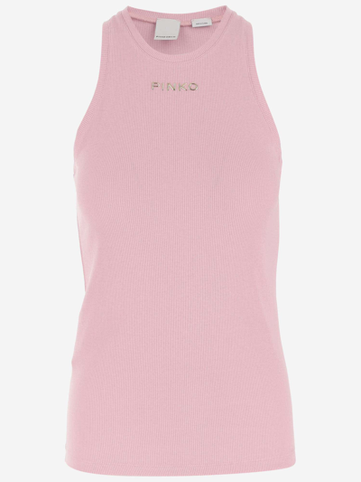 Shop Pinko Stretch Cotton Tank Top With Logo In Pink