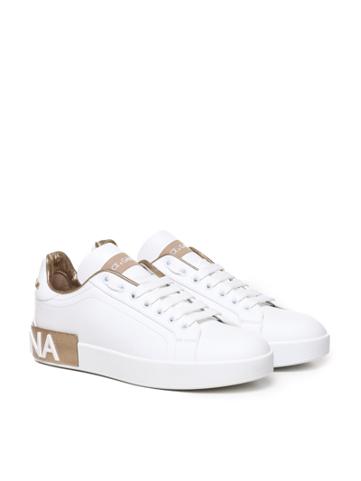 Shop Dolce & Gabbana Portofino Sneakers In Calfskin In Gold, White