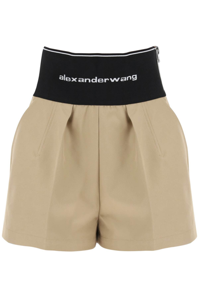 Shop Alexander Wang Cotton And Nylon Shorts With Branded Waistband In Chino (beige)