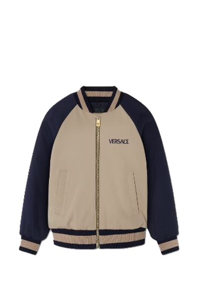 Shop Versace Logo Kids Bomber Jacket In Beige