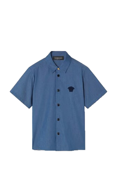 Shop Versace Shirt With Medusa Embroidery In Blue