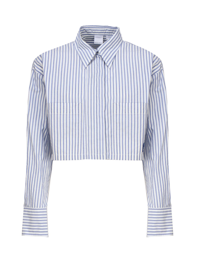Shop Pinko Striped Crop Shirt In White, Light Blue