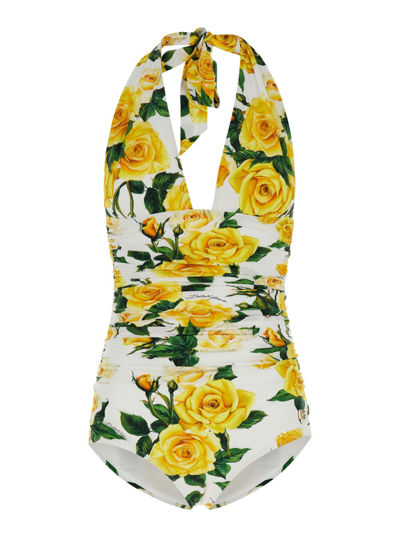 Shop Dolce & Gabbana White And Yellow One-piece Swimsuite In Stretch Technical Fabric Woman