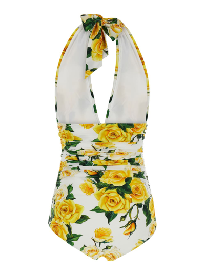 Shop Dolce & Gabbana White And Yellow One-piece Swimsuite In Stretch Technical Fabric Woman