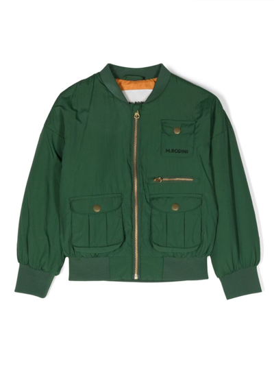 Shop Mini Rodini Green Bomber Jacket With Patch Pockets And Logo Embroidery In Nylon Boy
