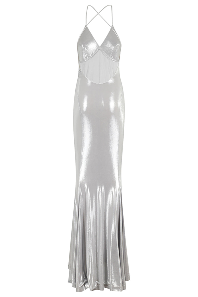 Shop Norma Kamali Low Back Slip Fishtail Gown In Silver Silver