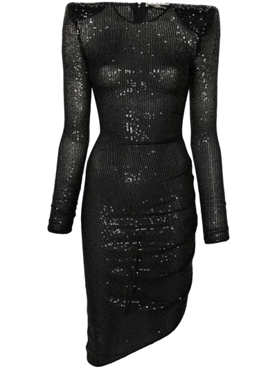 Shop Elisabetta Franchi Long Sleeves Dress With Paillettes In Black