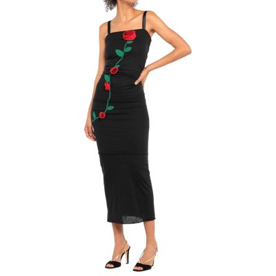 Shop Dolce & Gabbana Rose Applique Midi Dress In Black