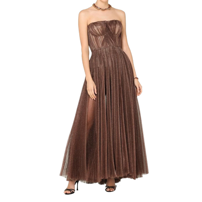 Shop Dolce & Gabbana Long Lamé Tulle Dress In Brown