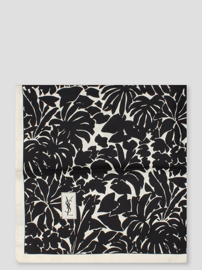 Shop Saint Laurent Leaves Print Silk Twill Square Scarf In Black