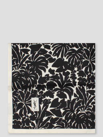 Saint Laurent Leaf-print Silk-twill Scarf In Black