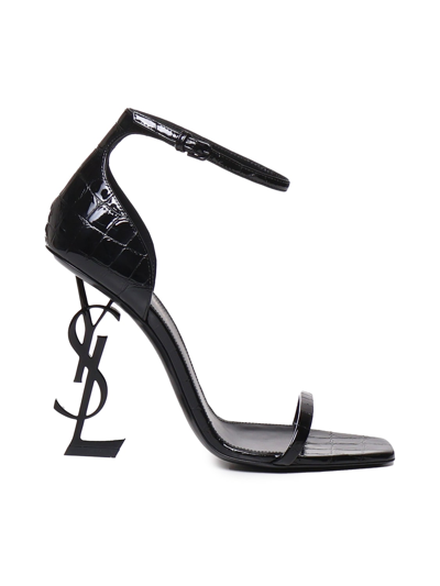Shop Saint Laurent Opyum Sandals In Crocodile-embossed Leather In Black