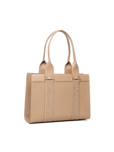 Shop Love Moschino Shoulder Bag With Logo Embroidery In Beige