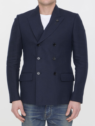 Shop Lardini Linen Jacket In Blue