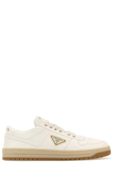Shop Prada Downtown Logo Triangle Sneakers In White