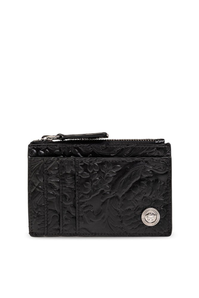 Shop Versace Embossed Zipped Card Holder In Black