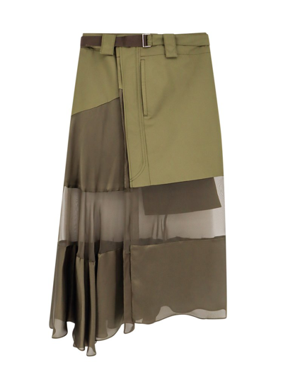 Shop Sacai Panelled Pleated Skirt In Green