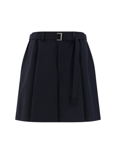 Shop Sacai Pinstriped Pleated Shorts In Navy