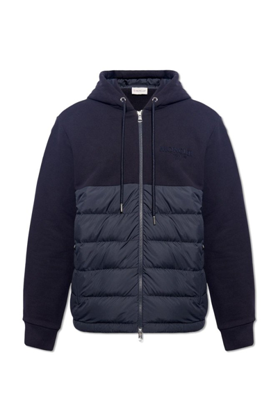 Shop Moncler Logo Embroidered Padded Hoodie In Blue