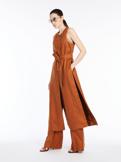 Max Mara Long Linen Waistcoat With Piping In Tobacco