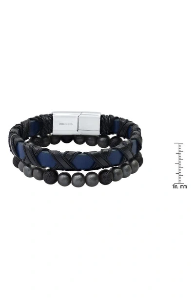 Hmy Jewelry Stainless Steel Wrapped Leather & Lava Rock Beaded Bracelet Set In Silver/black/blue